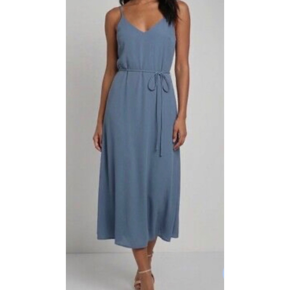 Lulus Slate Blue V-Neck Midi Dress Sleeveless Tie Waist Crepe Size Large NEW